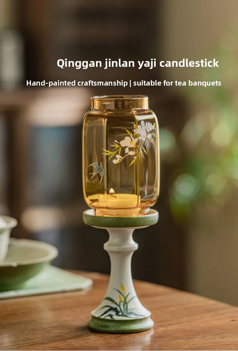 Chinese‑Style Ceramic Glass Candle Holder, Hand‑painted Floral Tealight Candlestick for Table Home Decor Gift