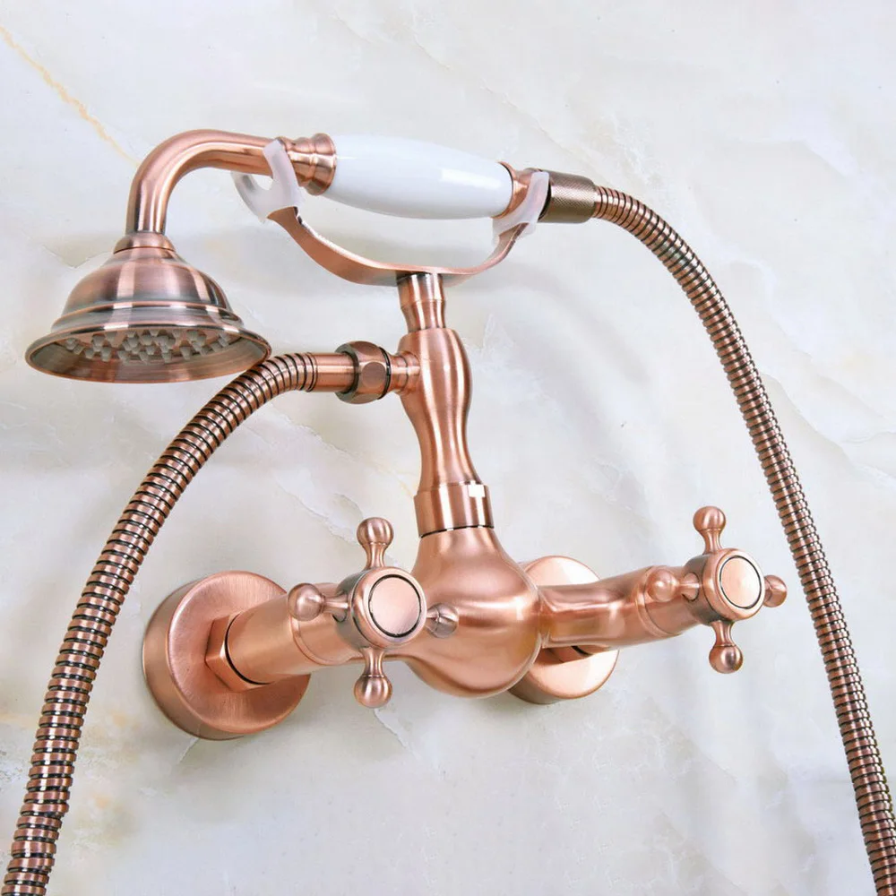 

Antique Red Copper Wall Mounted Bathtub Faucet with Handheld Shower Set +150CM Hose Mixer Tap 2na335