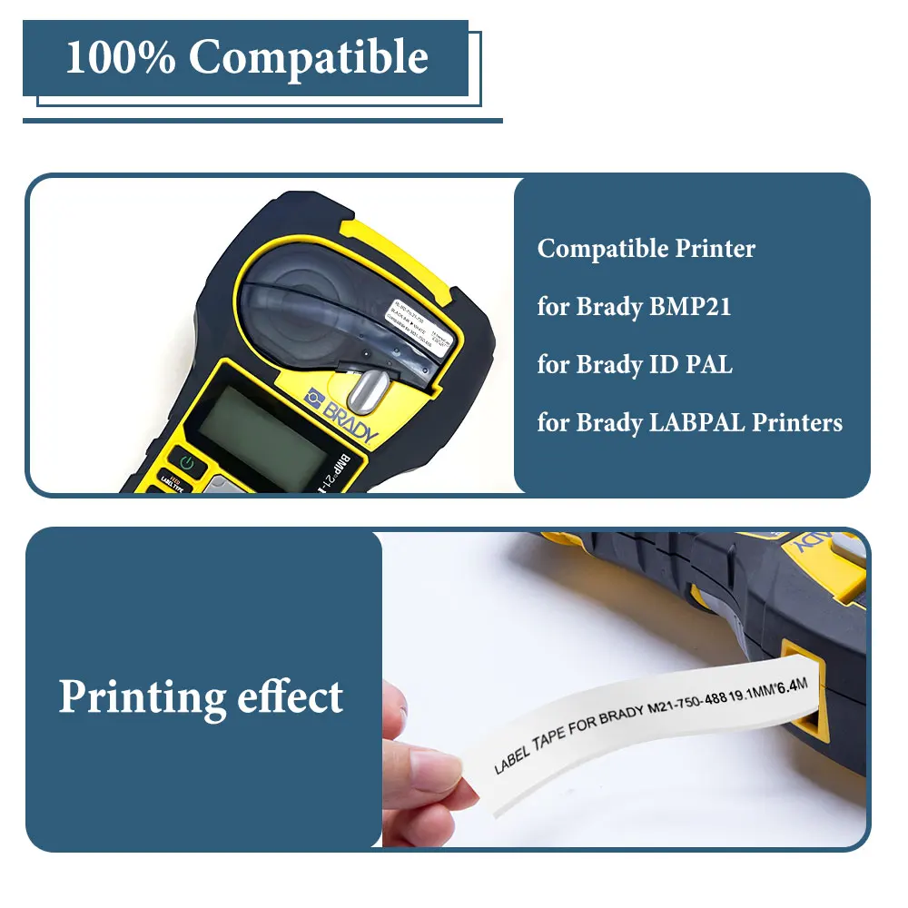 1~10 pieces M21-750-595 Vinyl Label Tape Ribbon 19.1mm x 6.4m Black on White Compatible for Brady BMP 21/IDPal/LABPAL Printer