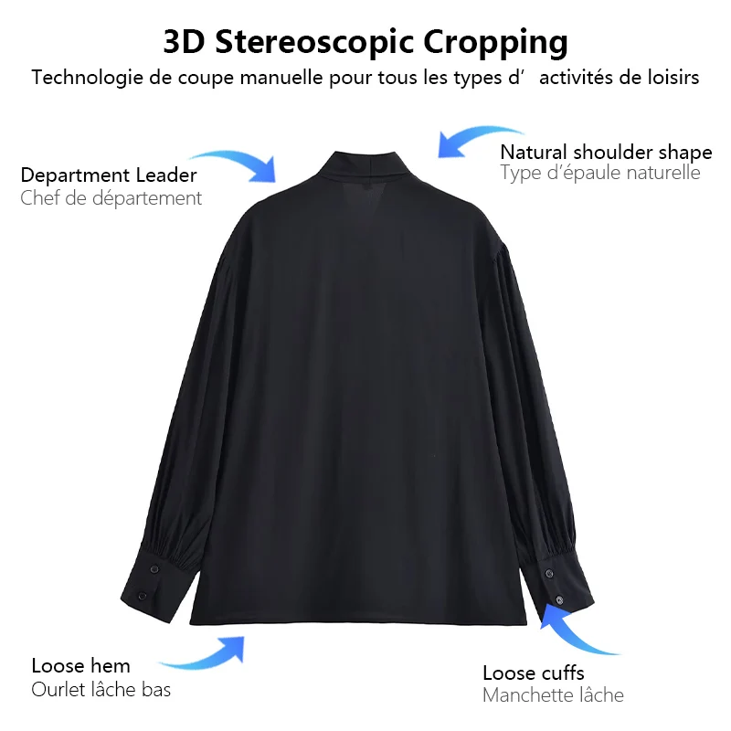 Schickes Hemd mit Stehkragen und Stehkragen für Damen, S-Bluse aus Chiffon mit Laternenärmeln, einzigartiges Design und großer Schleife, Boutique-Pendler-Top