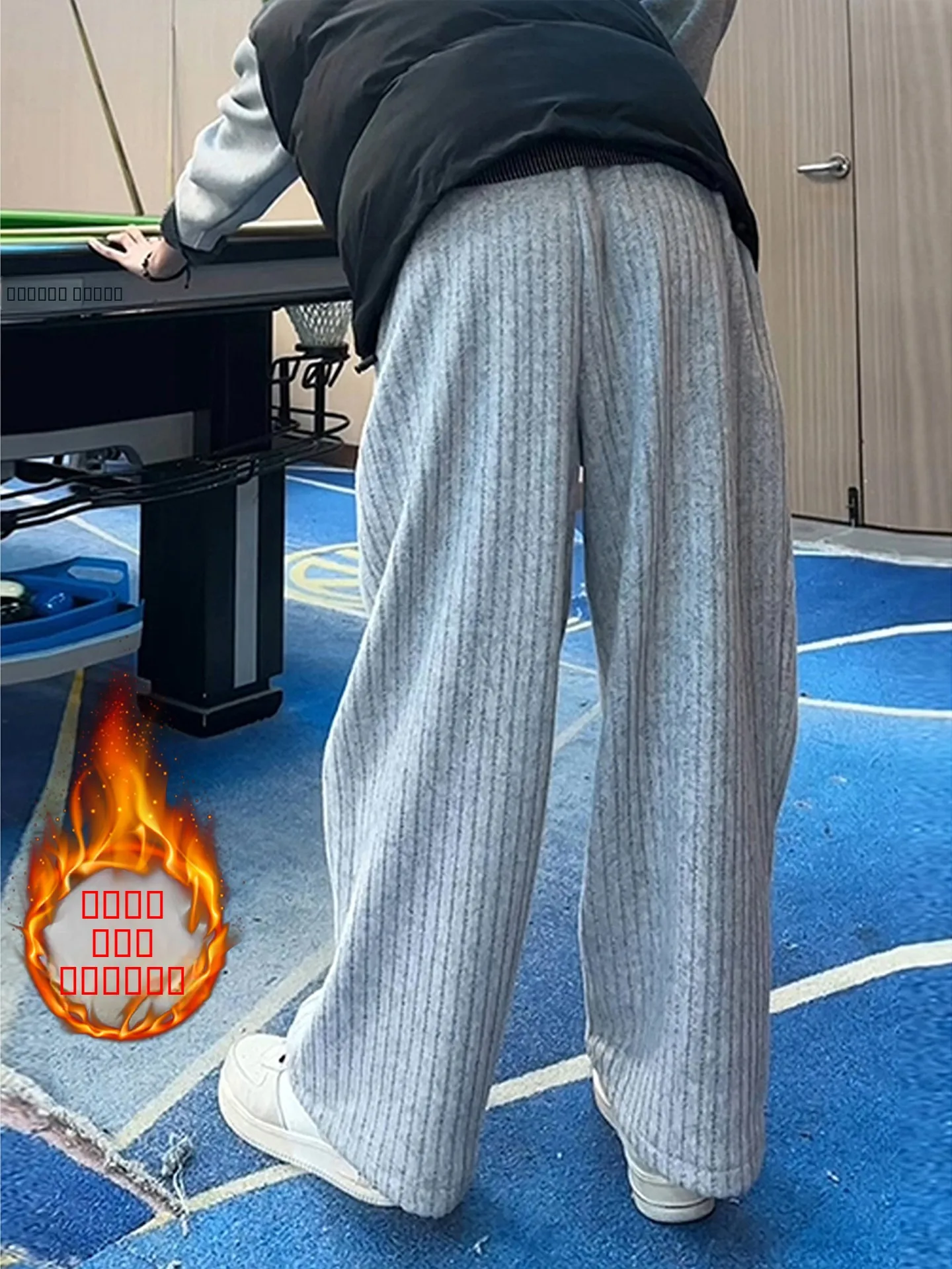 

Light ey American Stripe Fce Lined Men's Winter Lazy Wide Leg Straight Casual Pants Loose Fit Knitted Trousers