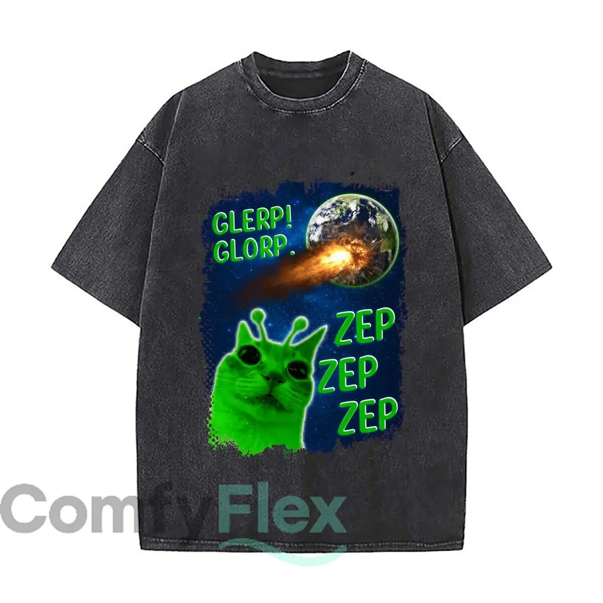 GLERP GLORP ZEP ZEP ZEP Alien Cat Earth Impact Camiseta vintage lavada de manga corta holgada estilo streetwear