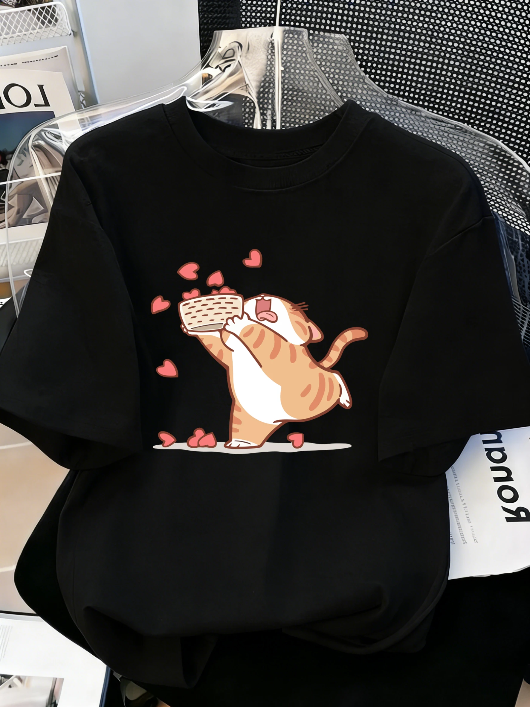 Camiseta con estampado de gatos de dibujos animados, camisetas de algodón de verano para hombre, ropa deportiva holgada con cuello redondo, ropa deportiva cómoda de Hip Hop de manga corta