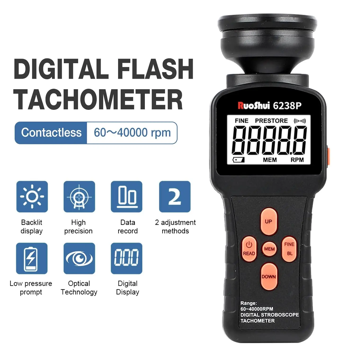 Imagem -01 - Tacômetro Estroboscópio Digital com Lcd Flash sem Contato Medidor de Revolução Fotoelétrico Velocímetro 6238 6040000 Rpm tacometro estroboscopio digital com lcd flash sem contato medidor de revolucao fotoeletrico velocimetro 6238 6040000 rpm 01
