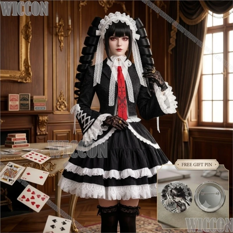 

Celestia Ludenberg Dangan Yasuhiro Taeko Orange Black Lolita Dress Black Wig Women Halloween Comic Con Festival Fancy Cosplay