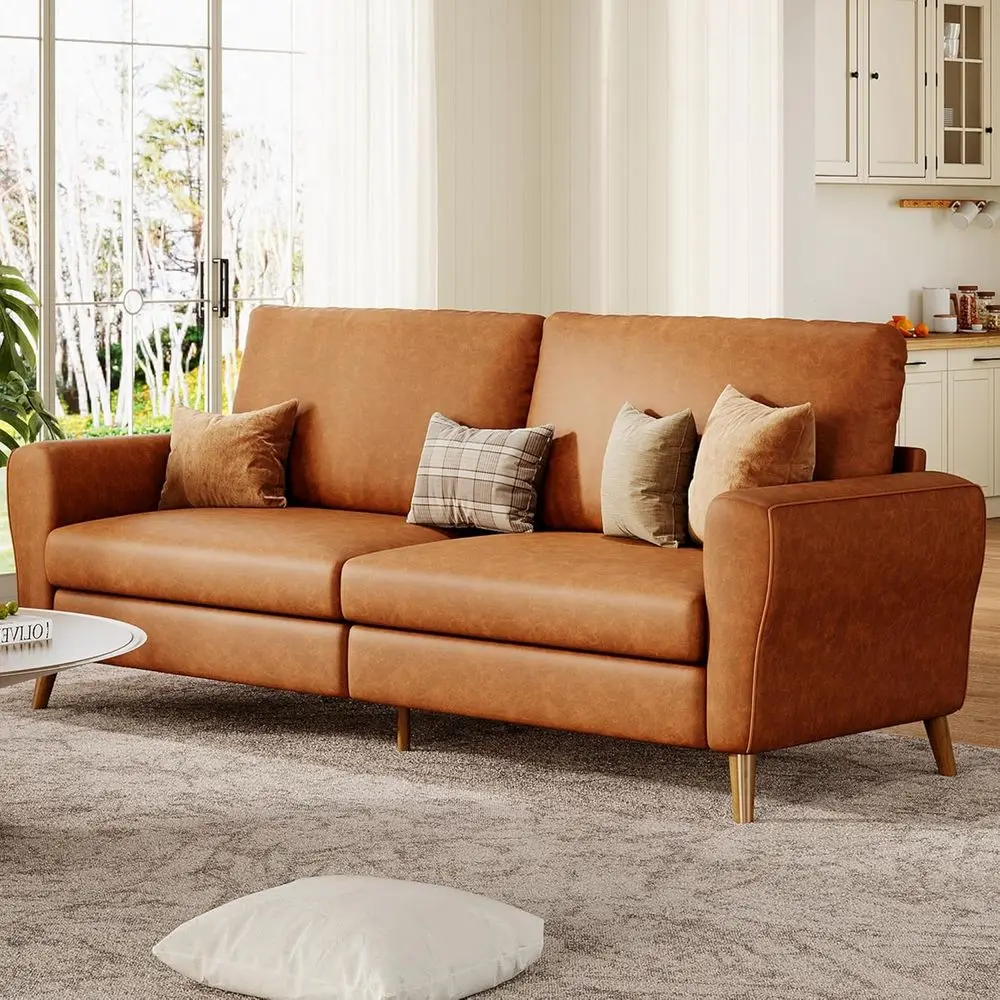 

84 Inch ern Soa Couch, Large 3-Seater Soa with Streamlined Armrests, PU Leather Loveseat Wood eet, Comy Couch or Living Room, Ap