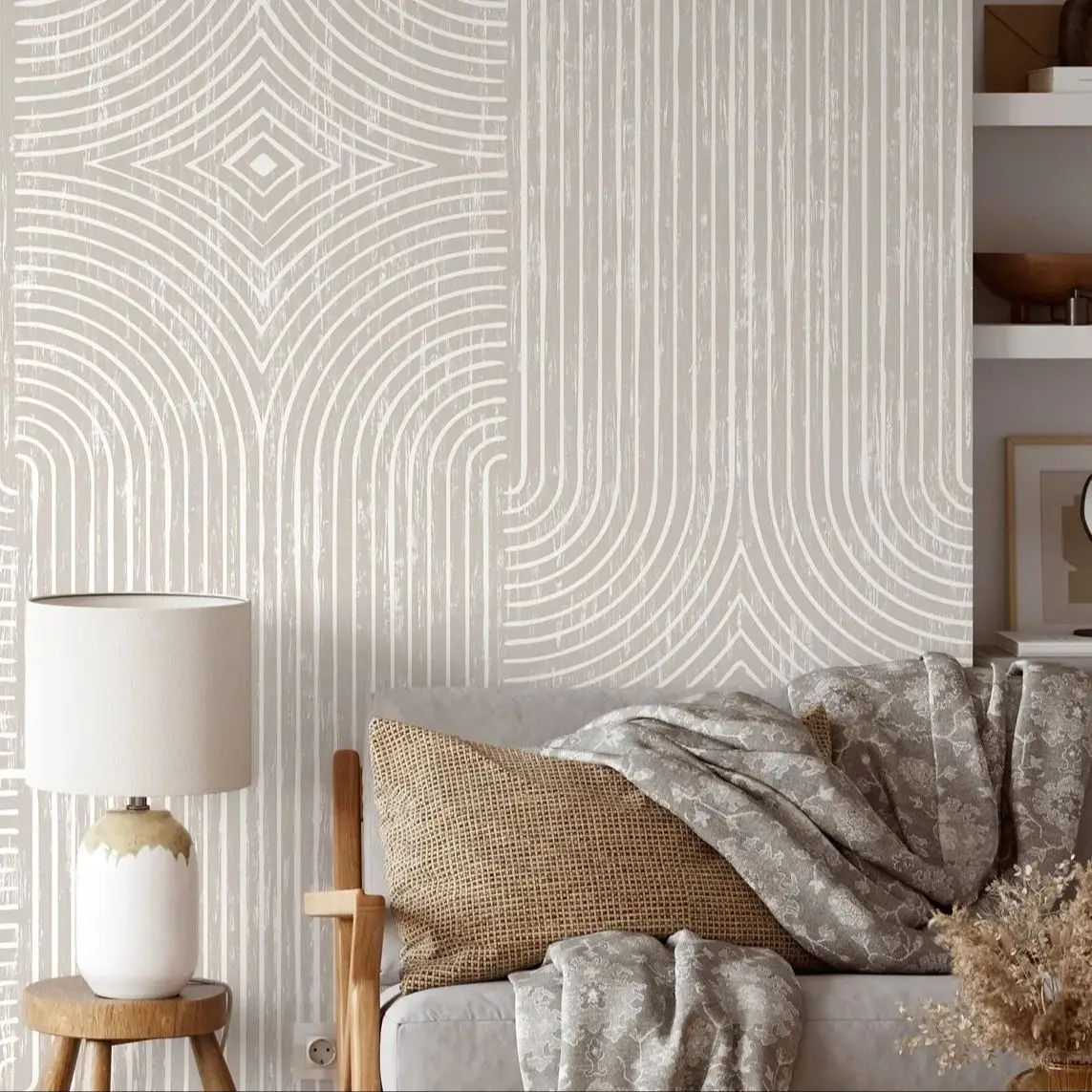 Neutral Boho Abstract Wallpaper Peel and Stick, Geometric Wall Mural For Home Decoration,Self-adhesive Or Traditional Un-paste