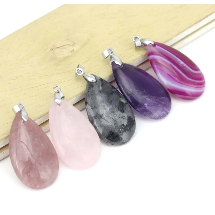 Natural Crystal Water Drop Pendant Rose Quartz Amethyst Teardrop Lapis Lazuli Stone Pendant Chain Necklace For Women Girls Men