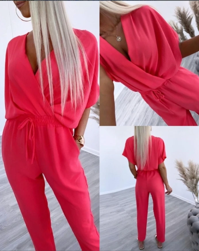 V-neck short sleeved pleated drawstring jumpsuit