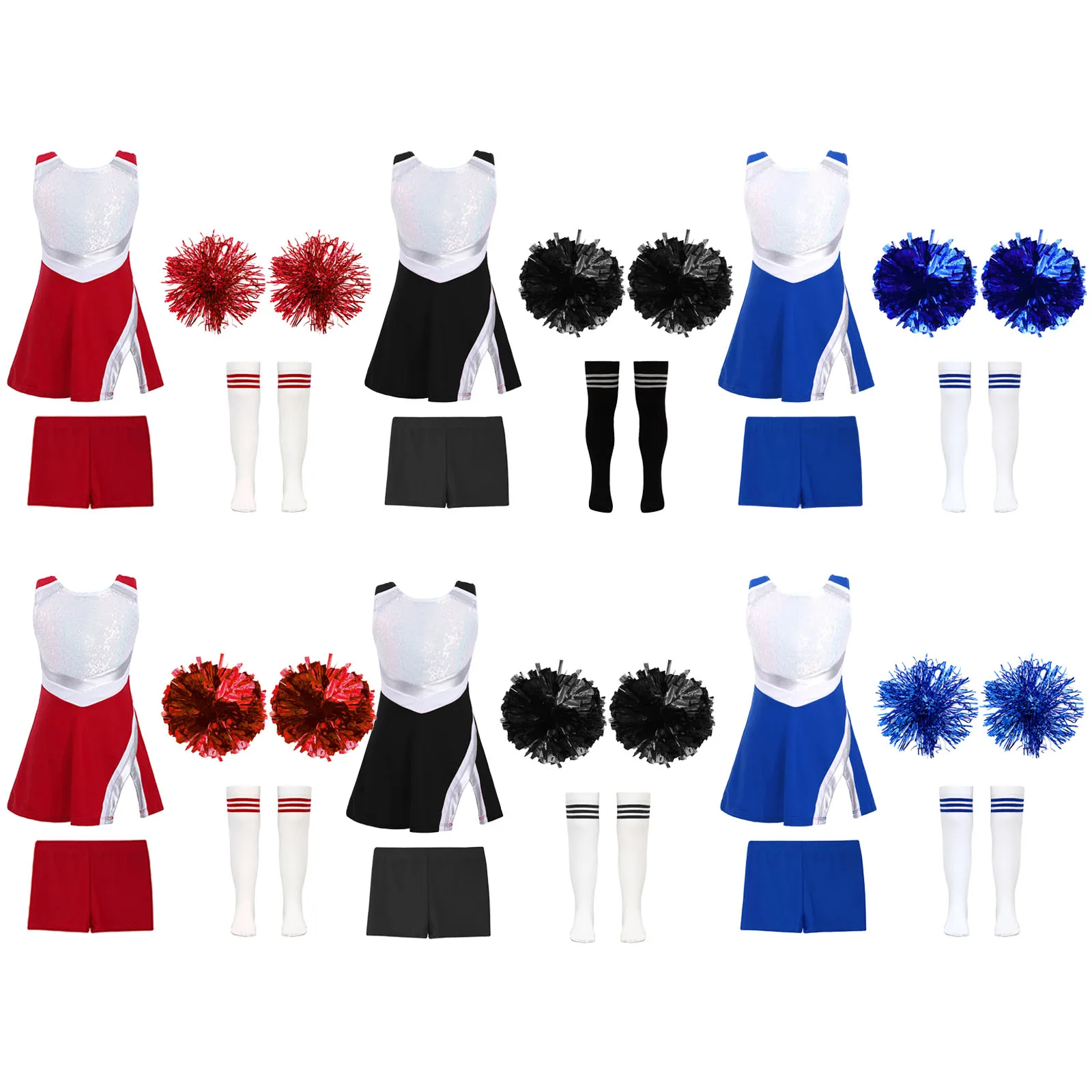 Kids Girls Cheerleading Dance Outfit Sleeveless Shiny Sequin Patchwork Dress Shorts Accessories Set Sports Meet Ceremony Costume