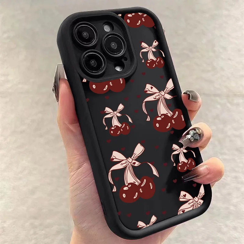 Case For iPhone 17 16 Cases iPhone 15 11 12 13 14 16 Pro Max Air 16E 7 8 Plus SE2 Bow Knot Cherry Blossom Pink Protective Cover