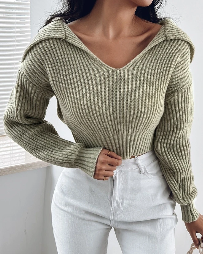 Women\'s Fashion Turn Down Collar Crop Knit Sweater Spring Autumn Casual Plain Long Sleeve Daily Pullovers Sweater New 2024