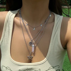 4Pcs Ethnic Pink Crystal Star Pentagram Pendant Choker Necklace for Women Elegant Moon Tassel Chain Party Jewelry Accessories