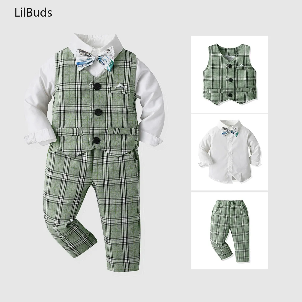 2025 Spring Boys 3PCS Suits Children's Clothing Newborns Baby Sets Long Sleeve Shirt Vest Pant Set Suit Gentleman Birthday Party