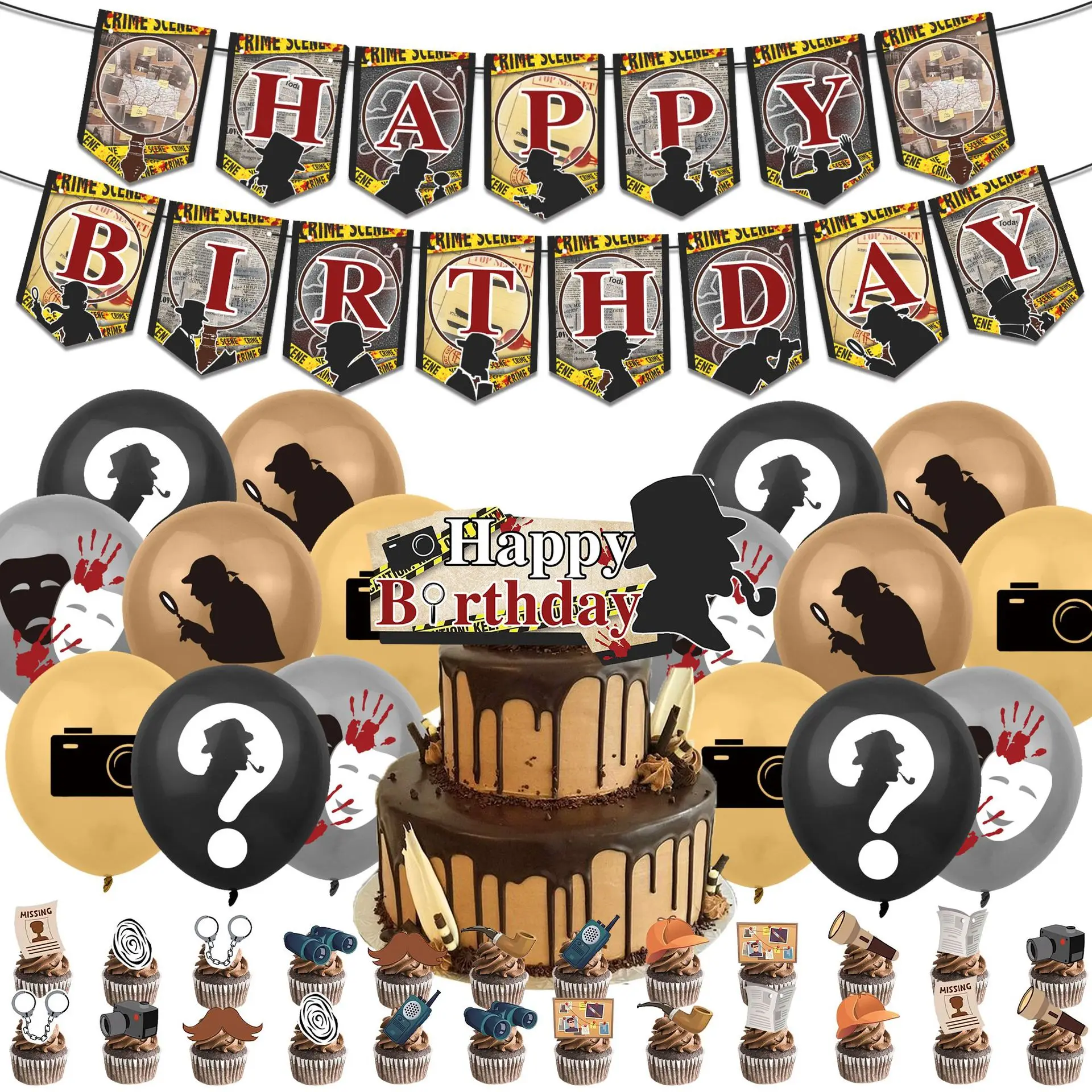 Detective Birthday Decorations Detective Party Supplies Detective Happy Birthday Banner Cupcake Toppers Cake Topper Balloons