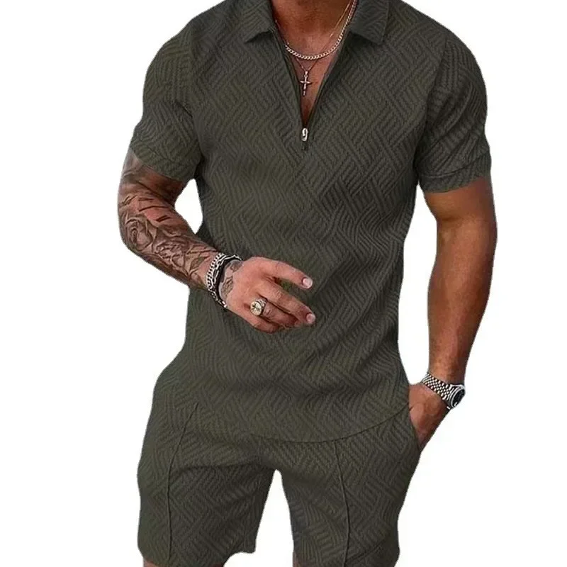 Hawaii New Men's Suit Fashion Men Casual Sets Solid Summer V-neck Zipper Short Sleeve Shirt+Shorts Two Pieces Suit - Image 5