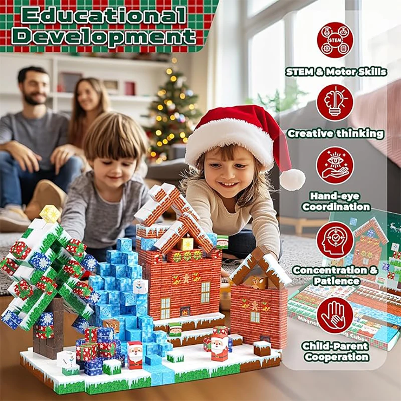 Construisez votre monde de noël, cube magnétique, blocs de construction en pierre, cadeau pour enfants, puzzle, jouet pour garçon, assembler magnétique du modèle
