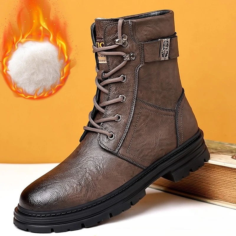 New in Winter Men Boots Warm Plush Lace-up Ankle Boots Comfy Office Work Shoe Casual Formal Footwear Brand Men's Leather Shoes