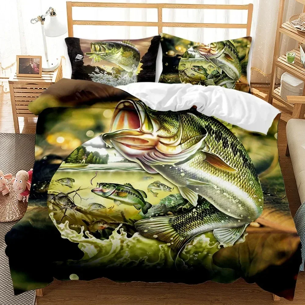 Exquisite Big Pike Fishing Hunting Bedding Set Boys Girls Twin Queen Size Duvet Cover Pillowcase Bed Kids Adult Home Textileexti