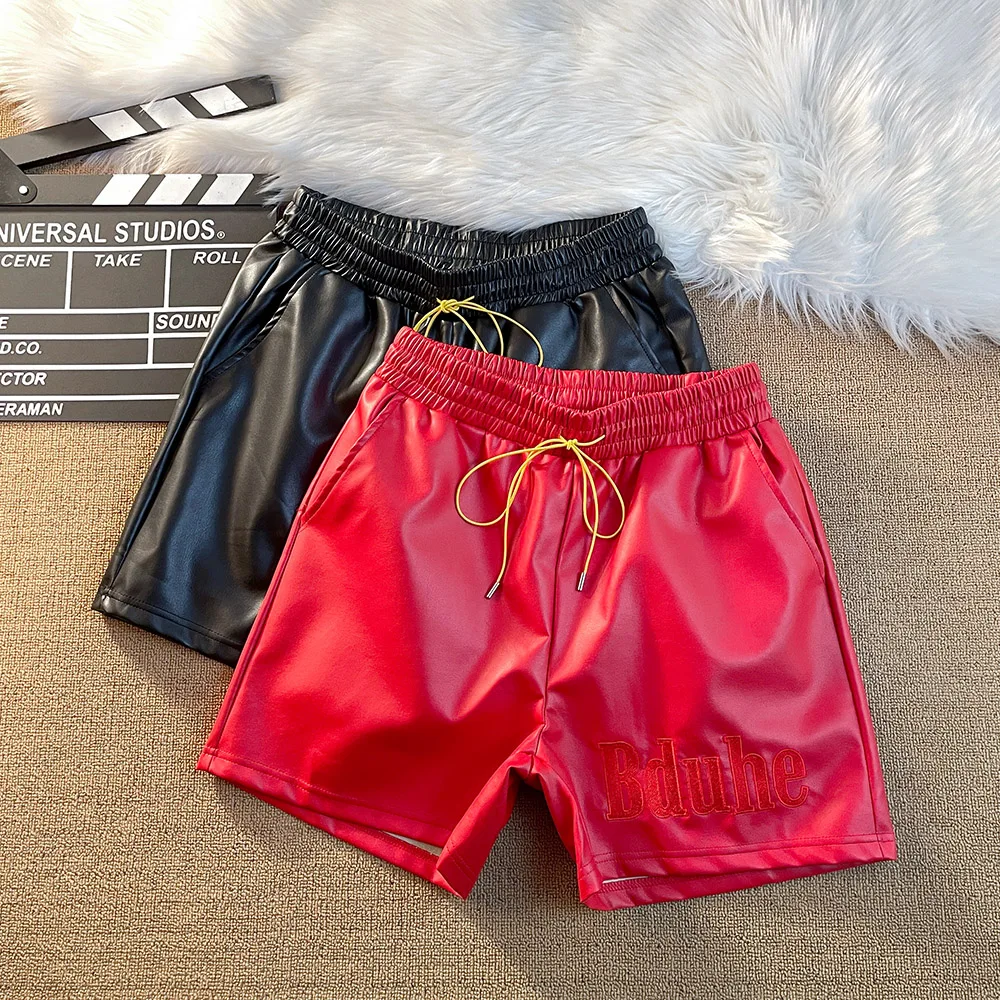 

Pu Leather Black Red Board Shorts Yellow Drawstring Beach Holiday Shortpant Men Women Embroidery Patch Letters Short Pants