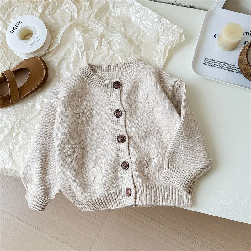 Girl\'s Sweet Suit Children Baby Kids Infants Retro Hook Flower Knitted Cardigan +Floral Dress 2Pcs Sets