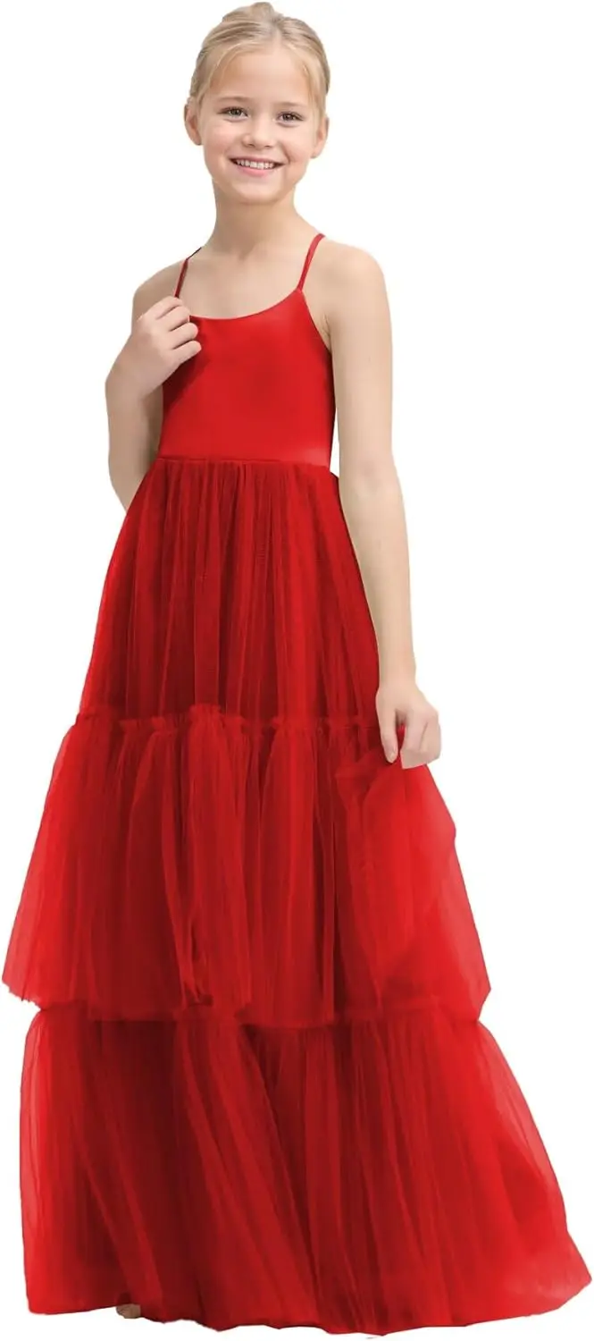 フラワーガールドレス 結婚式用 スパゲッティストラップ ページェントドレス 女の子用 チュール プリンセス プロム ボールガウン ガールズドレス