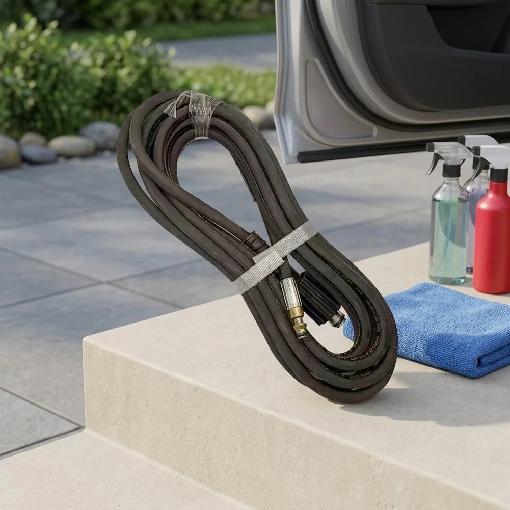 Car Wash Water Hose 7M Length - Reinforced Black Rubber Tube Engineered for High Pressure Resistance and Ease of Storage