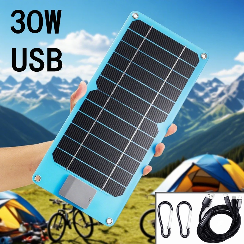 Blue 30W 5V Portable Solar Panel USB Charger Outdoor Hiking Camping Gear For Mobile Phone Power Bank