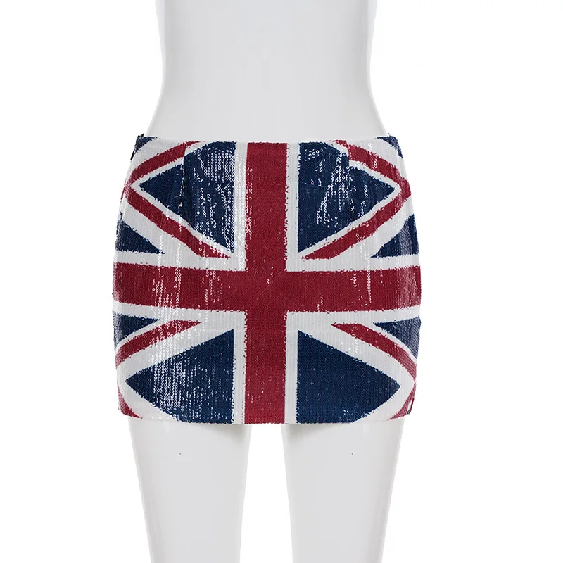 Y2K Britische Flagge Paillettenrock mit Tiefem Bund, Ästhetik der 2000er Jahre, Harajuku Hip Hop Union Jack Print, Nachtclub Casual Minirock – Detail 4