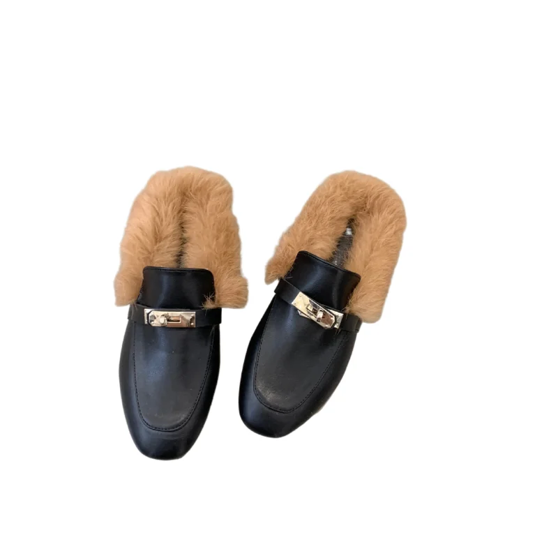 2024 Winter women\'s closed toe warm slippers Baotou slippers for women fashion cork fur shoes women