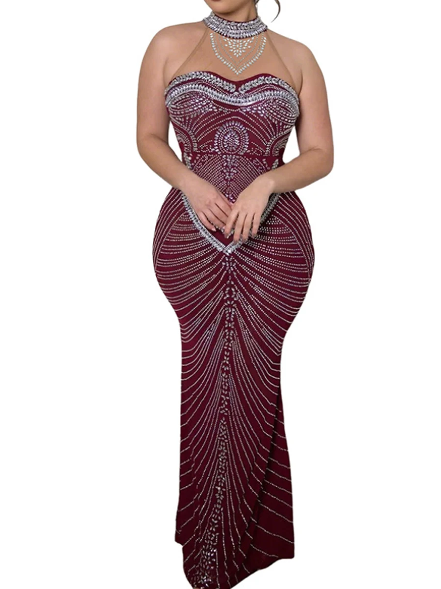 Sexy Rhinestone Mesh Long Party Dress Women's Sparkling Evening Gown