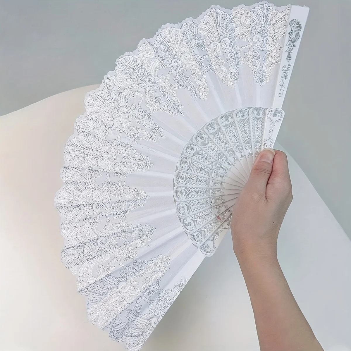 Abanico Plegable de Encaje Blanco, Abanico Floral Vintage para Novia, Recuerdo de Boda, Accesorio para Fotos en Fiestas, Bailes y Festivales
