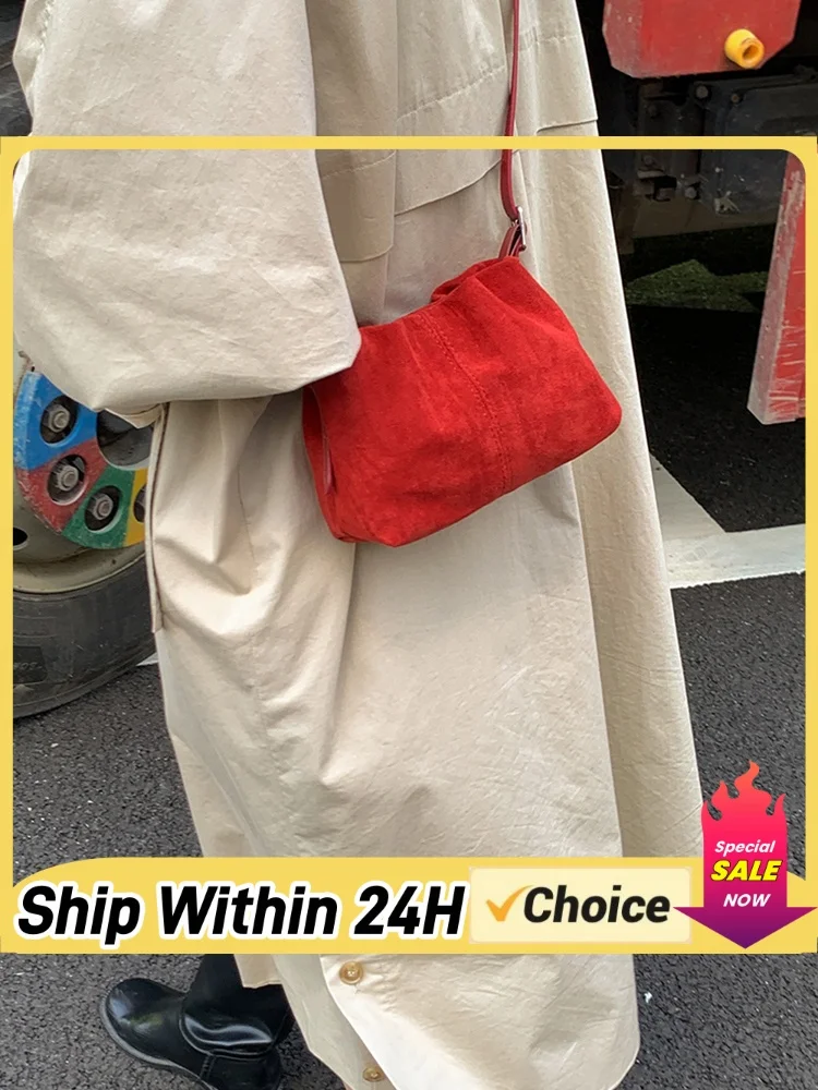 Women Faux Suede Shoulder Bag W/ Adjustable Strap Crossbody Bag Drawstring Top Handle Bag for Travel Winter Fall