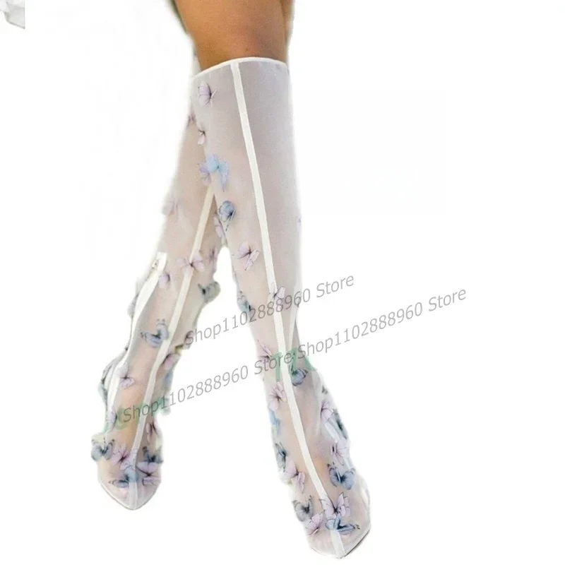 Genou haute blanc Air maille papillon décor bottes talons aiguilles femmes chaussures côté fermeture éclair bout pointu 2023 Zapatos Para Mujere