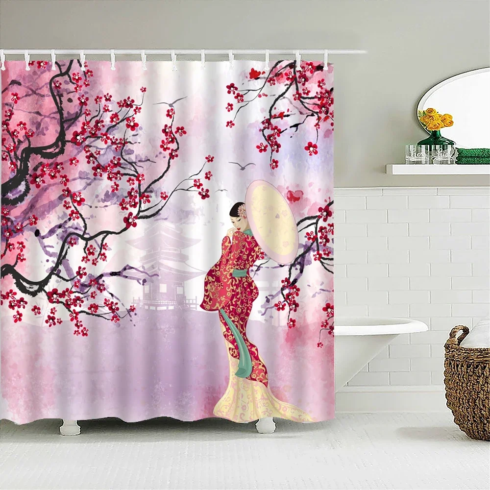 Waterproof Polyester Fabric Shower Curtains Japanese-style Plum Flower Woman Girl Decor Multi-size Shower Curtains for Bathroom