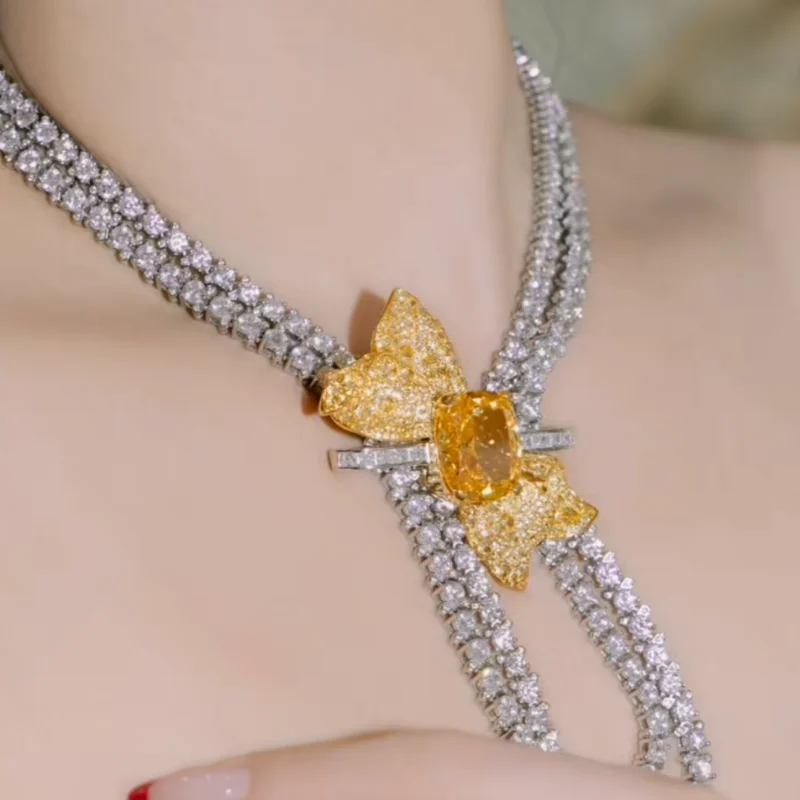 Cameo Fine Jewelry Series Luxury Yellow Diamond Skirt Design Brooch Necklace Dual Use 925 Silver Synthetic Zircon Wedding Party