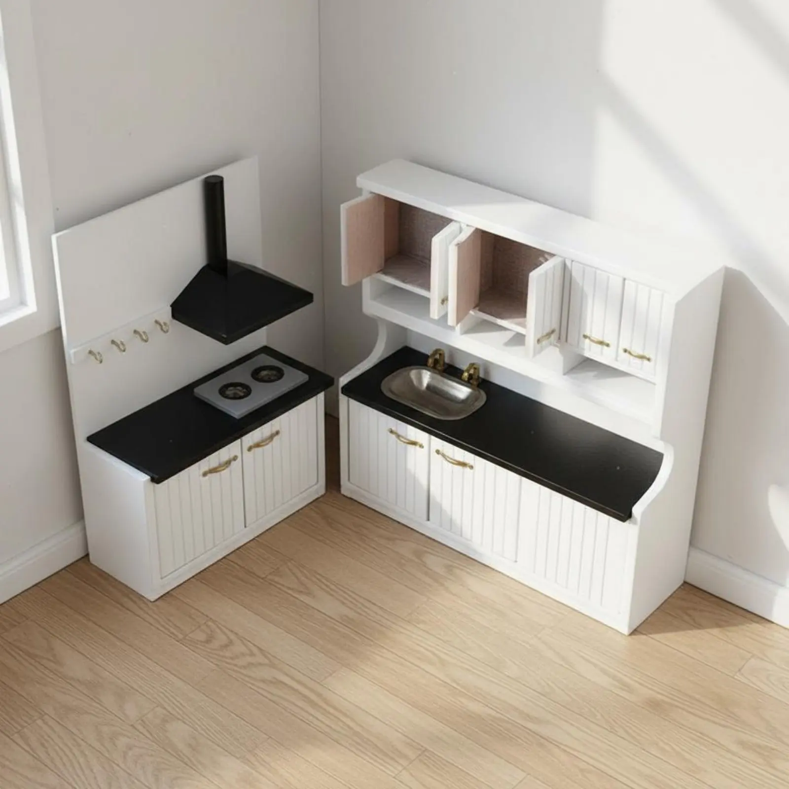 2 Pieces Dollhouse Kitchen Set Wooden Dollhouse Cooking Counter for Children