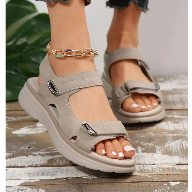 Neue Marke Hook Loop Sandalen Frauen Sommer Leder leichte Freizeit Keil Plattform Schuhe blaue Mädchen außerhalb Anti-Rutsch-Aprikose 42