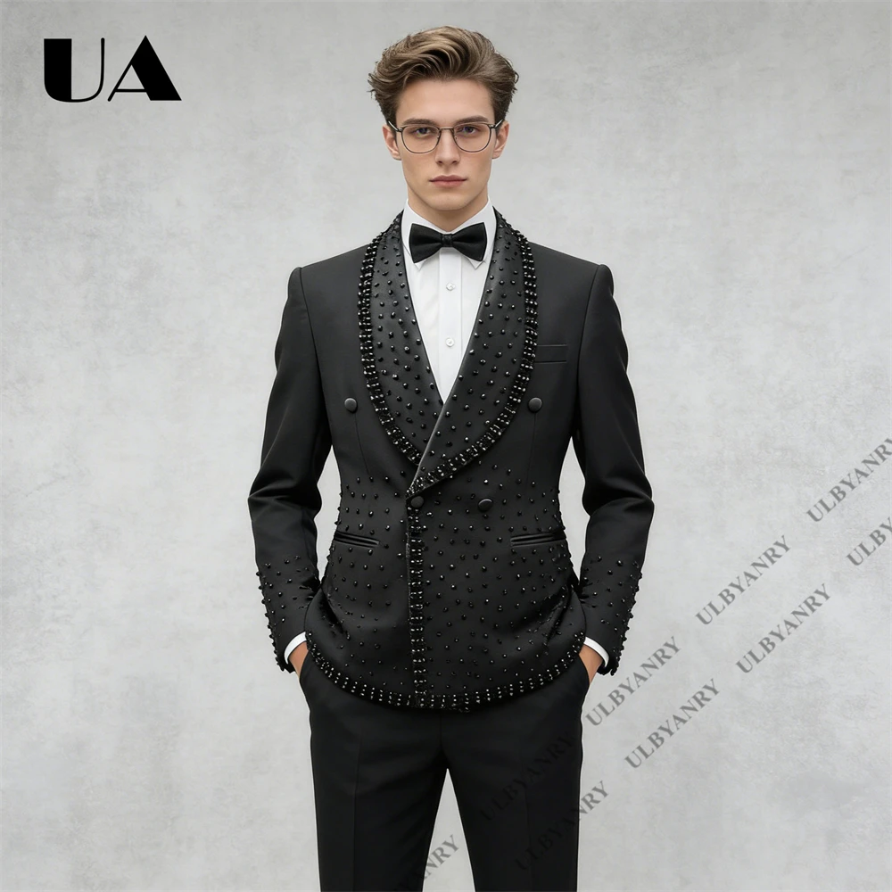 

Black Crystal Mens Luxury Suit Set, Two-Piece Double Breasted Beaded Events Dating Suit Attire for Gentleman XS-3XL Actual Photo