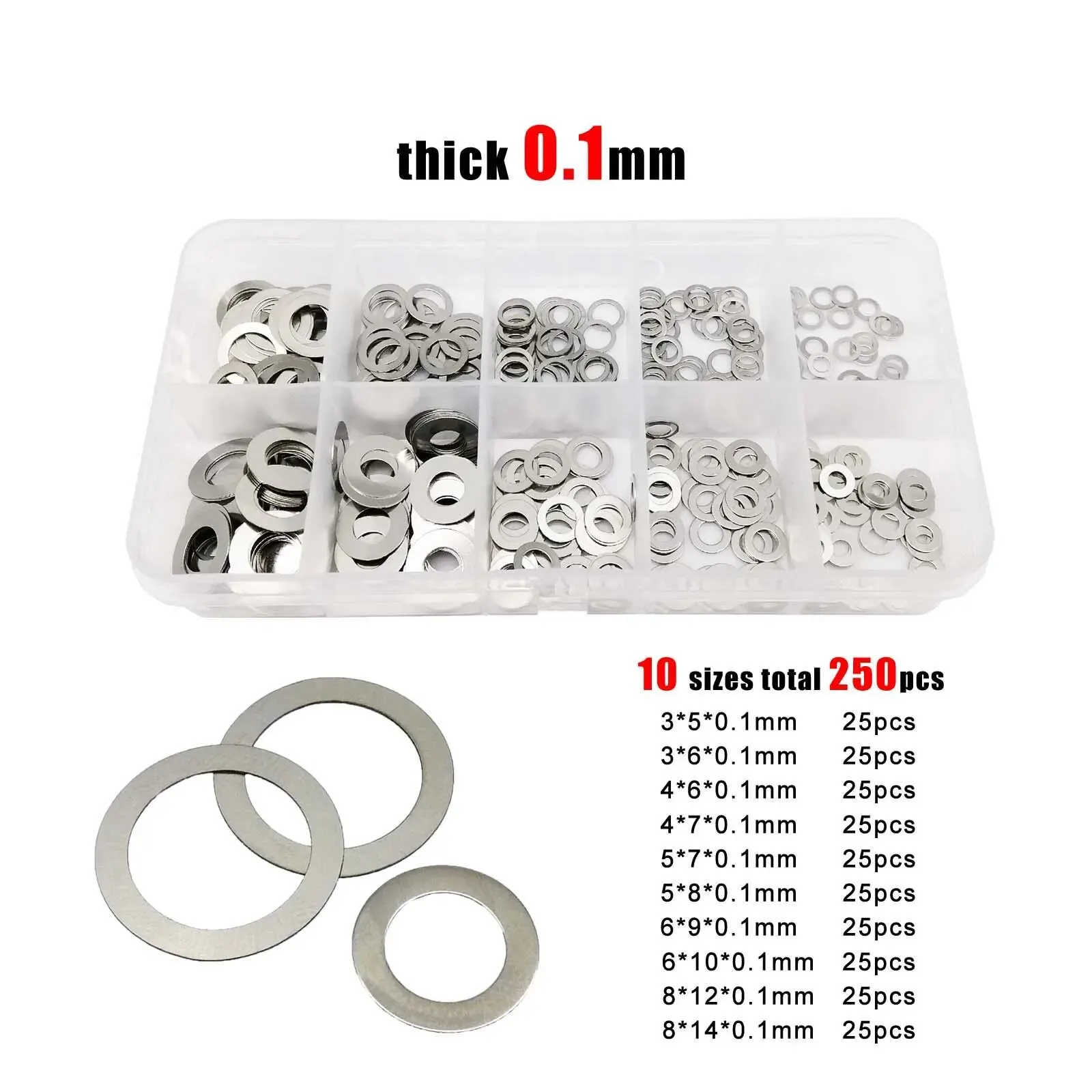 250pcs/box 0.1mm Thick Ultra Thin Flat Washer Plain Ultrathin Adjusting Shim Mix M3 M4 M5 M6 M8 Set Kit 304 A2 Stainless Steel