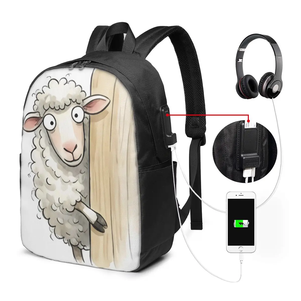 Cute Cartoon Sheep Sketches Curling Hair Backpack Travel Notebook Bag Computer College Student School Bag Laptop Shoulder Bags