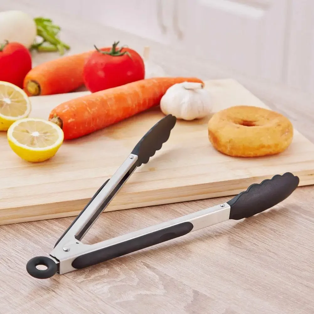 Anti-slip Kitchen Tongs BBQ Stainless Steel Silicone Tip Salad Bread Serving Tool Non-Stick Kitchen Barbecue Food Clamp