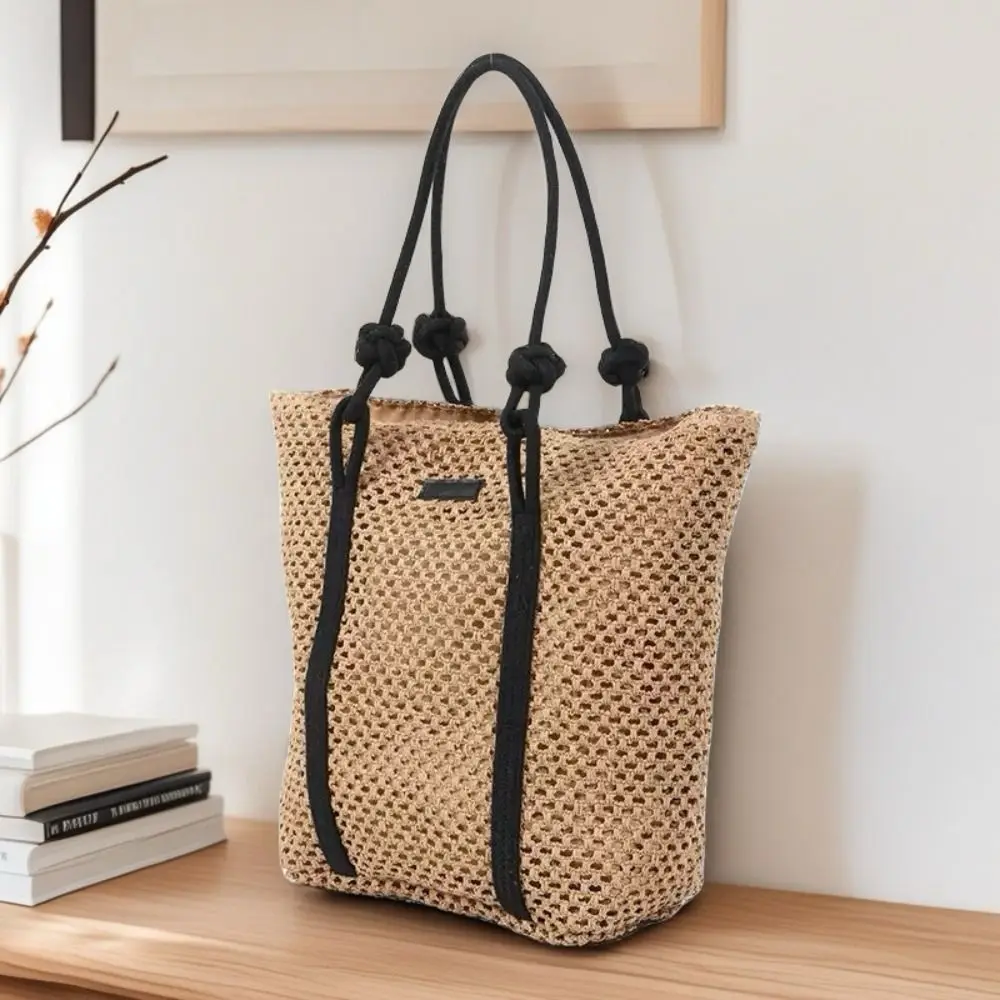 Handmade Straw Woven Bags Solid Color Large Capacity Shopping Tote Bag Portable Zipper Closure Beach Handbags Outing