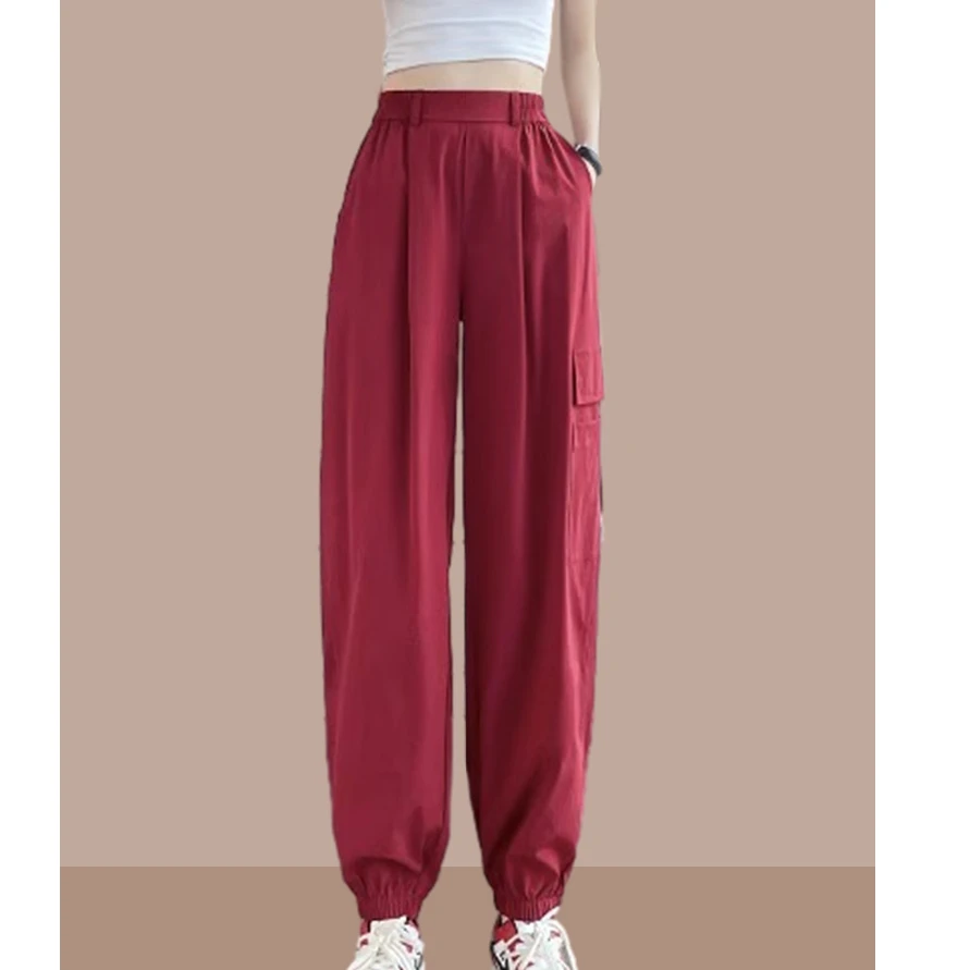 

Весенне-осенние брюки-карго с высокой талией для женщин, тонкие, из ледяного шелка, быстросохнущие, повседневные, в корейском стиле, с карманами, модель Харлан