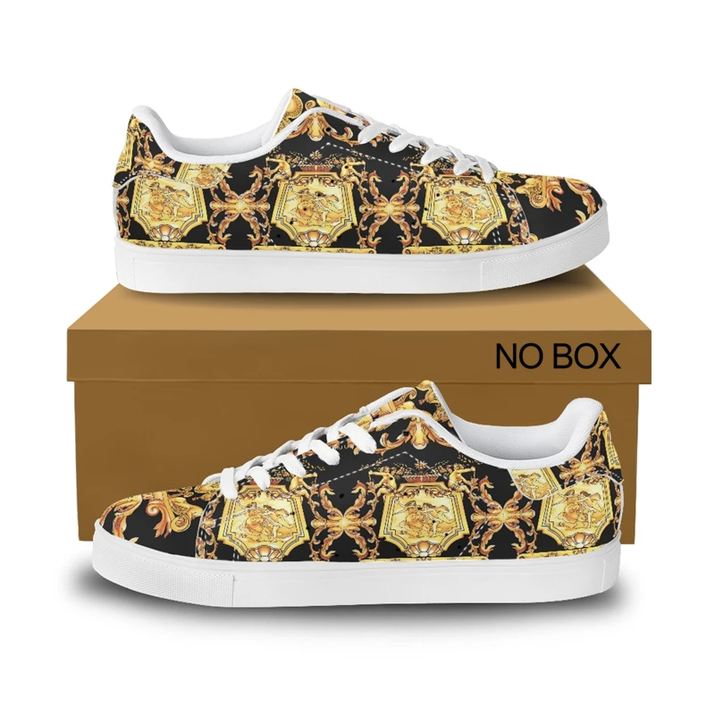 Noisydesigns Luxury Women\'s Flats Pu Leather Shoes Couple Golden Floral Sneakers Men Vintage Casual For Party Travel Dropship