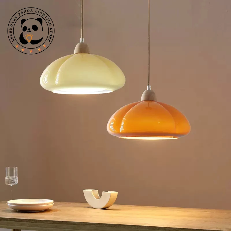 

Nordic Retro Pendant Lights Simple Cream Style Pumpkin Glass Lampshade Restaurant Kitchen Bedroom Chandelier Home Decor Fixtures