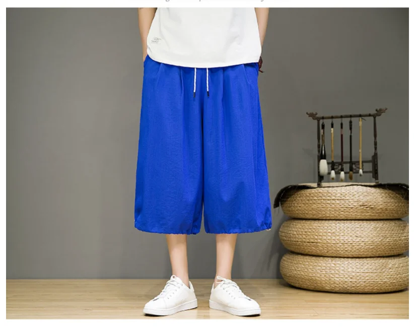 Chinese Style Summer Pants Mens Thin Section Breathable Cropped Pants Woman Fashion Drawstring Trousers Harem Pants Men Silk