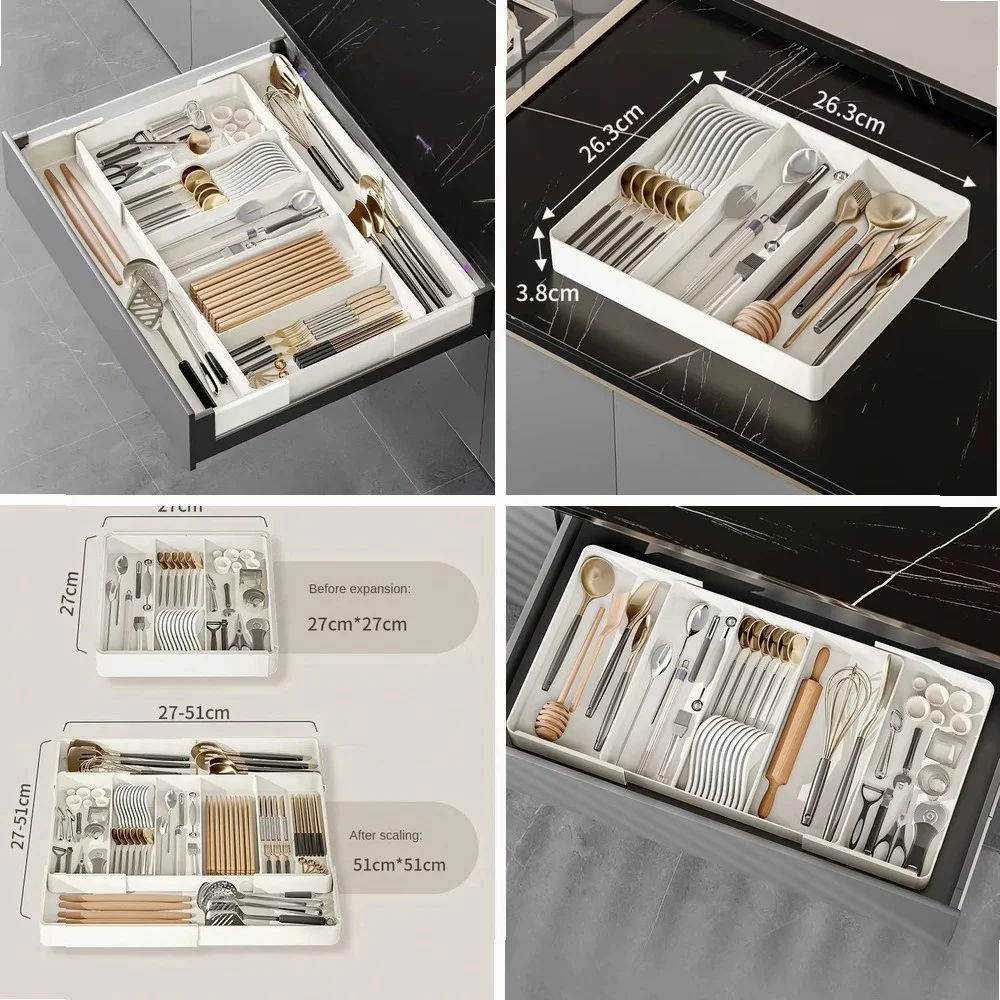 

1pc Kitchen Drawer Retractable Storage Box Large-capacity Partitioning Storage Tray Home Tableware Knife Spoon Organizing Box