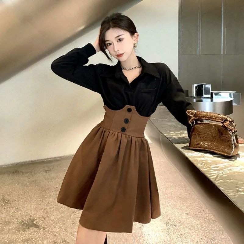 

Casual skirt female 2023 autumn pleated skirt suit women retro chic high-grade salt shirt skirt two-piece set of skirt female