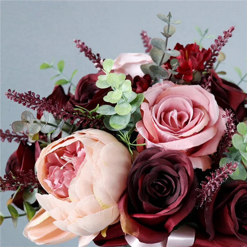 

ABLU-3X Бордовый букет пыльно-розовых роз - румяна шампанского, цветущий пион с эвкалиптом, настоящие идеальные свадебные цветы